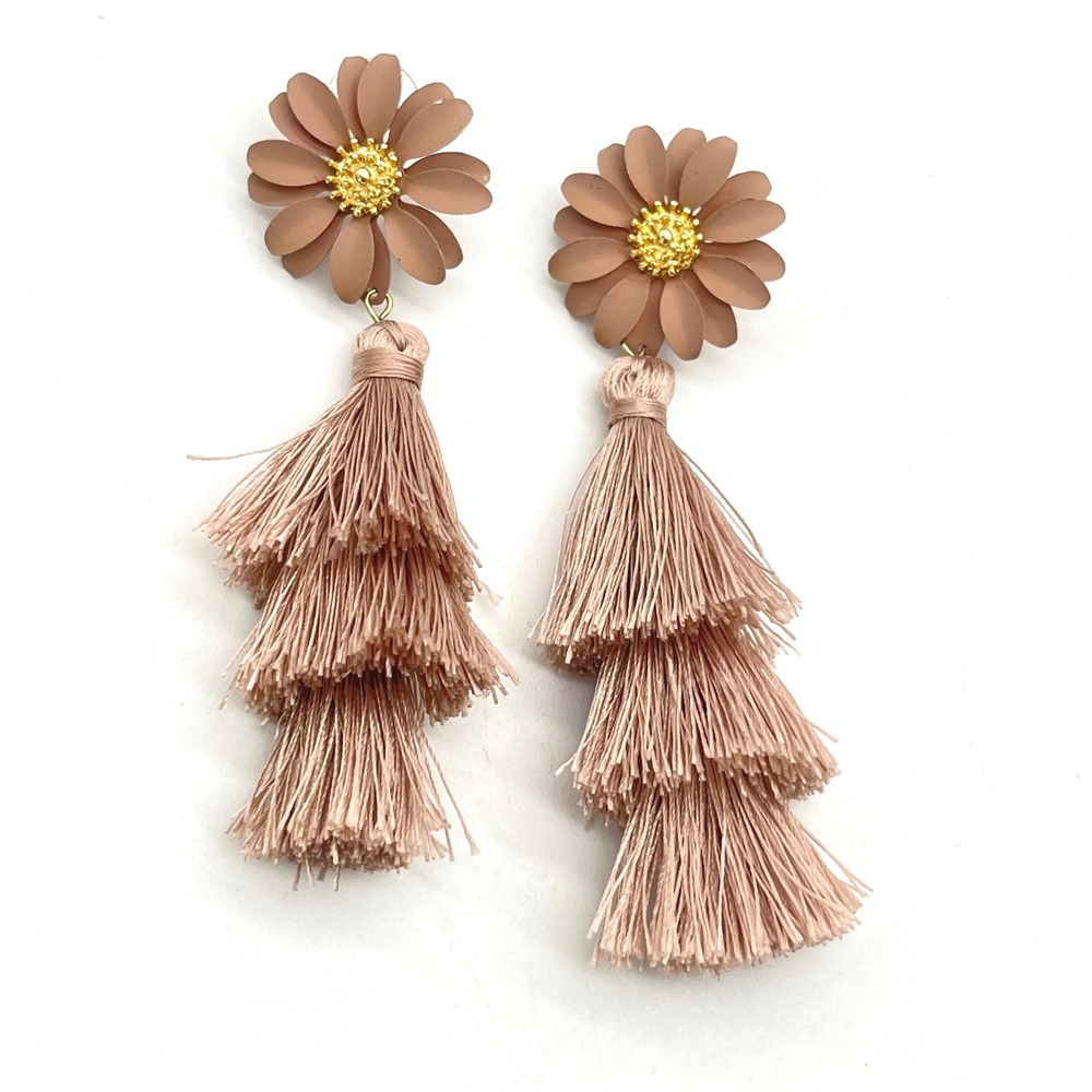 Mauve Pink Daisy Flower Three Tier Tassel Drop Statement Earrings Boho Boho